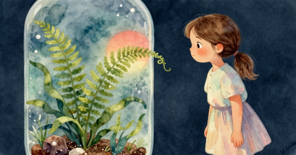 玻璃缸內部特寫，新生蕨葉緩慢展露，立方形碎石伴隨夕陽餘暉，呈現希望與新生的象徵意味。