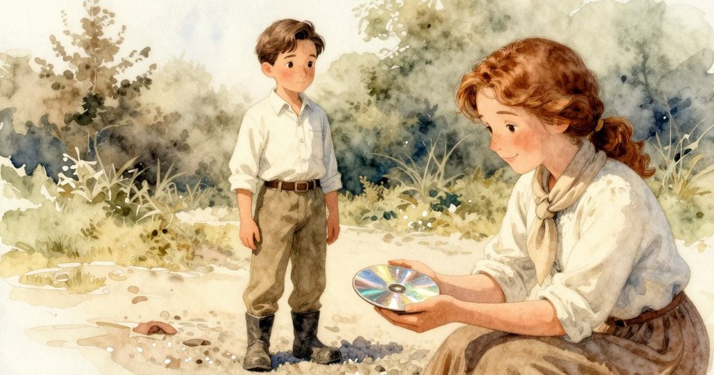 Flora在石邊展示閃爍碎石片, Graeme在旁關注, 透出深層情感與自然連結, 映襯出柔和晨光氛圍。