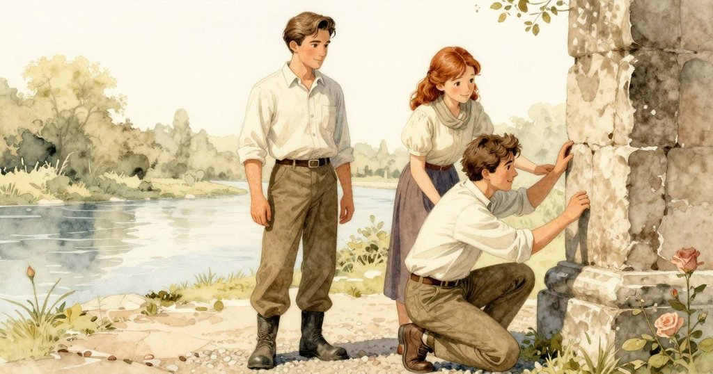 Graeme蹲身調整石塊, Flora靜立遠望, 柳影與流水在交錯中展現過渡空間之美與細膩情感。