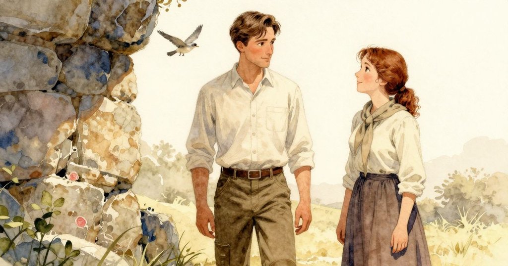 Graeme與Flora面帶柔和微笑於石邊互動, 金翅鳥歸巢, 自然與人心靈默契相映, 輕鬆溫暖氛圍彌漫。