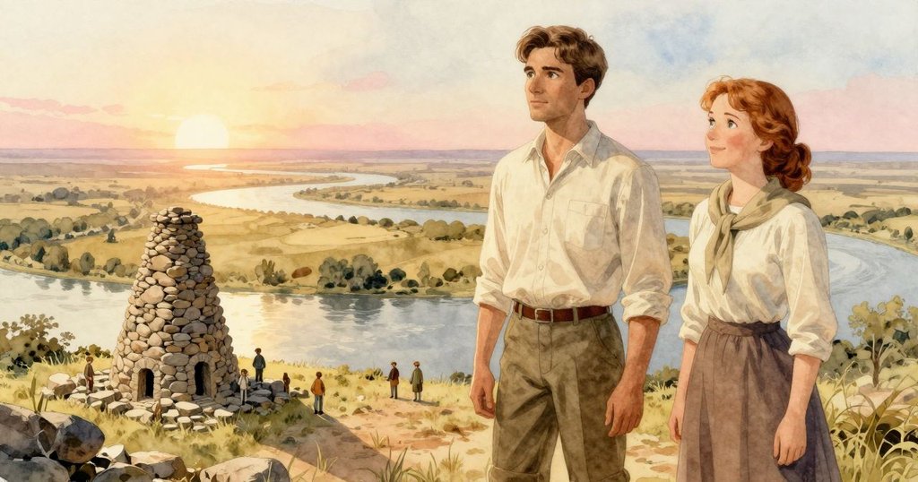 寬闊河谷中Graeme與Flora如微光點, 石塔與流水延展無垠, 自然幽美中彰顯人與環境和諧共生之景。