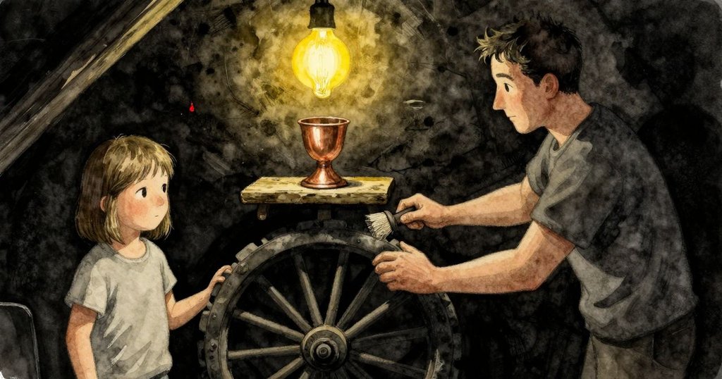 Forrest 正在昏暗的酒窖內掃刷車輪，青銅杯放在 spruce 板上，在傾斜構圖中呈現溫暖燈光與動態感