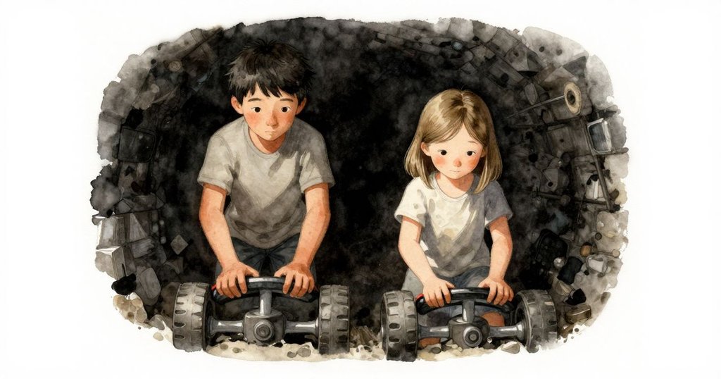 Forrest 與 Astrid 在酒窖內分工合作，一人轉動車輪一人掃刷，柔和光線與氣氛交織中展現默契