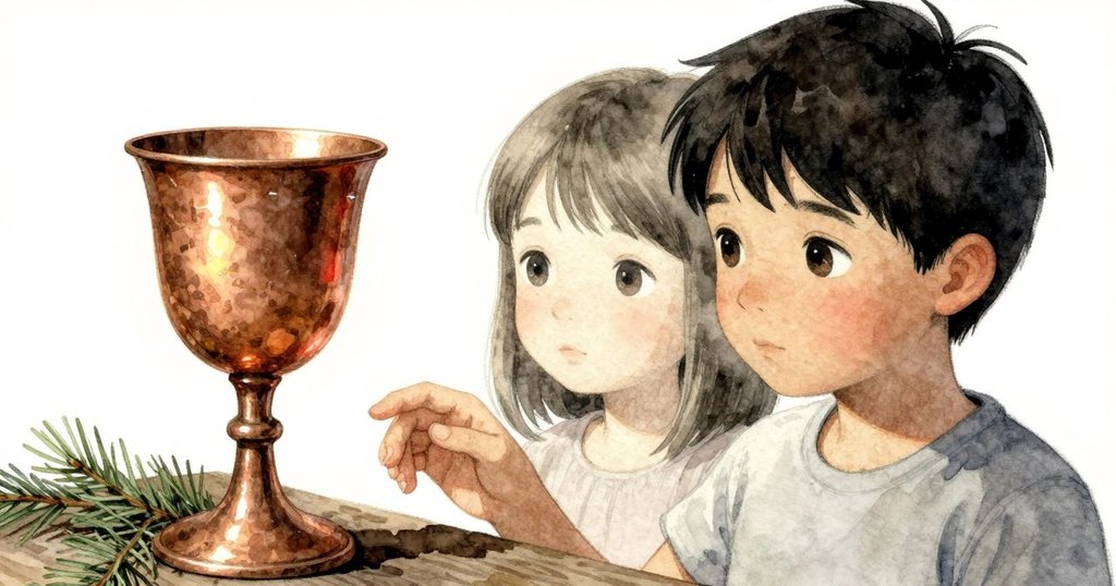 銅杯在 spruce 板上精緻呈現，Forrest 輕觸傾倒，細緻刻環透露著往昔故事，在專注光線下彰顯歷史感