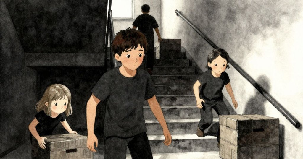 Forrest 與 Astrid 急速上樓，遭遇等待中的送貨員，石階上堆疊箱子與紙張環繞下，展現急迫與變換空間