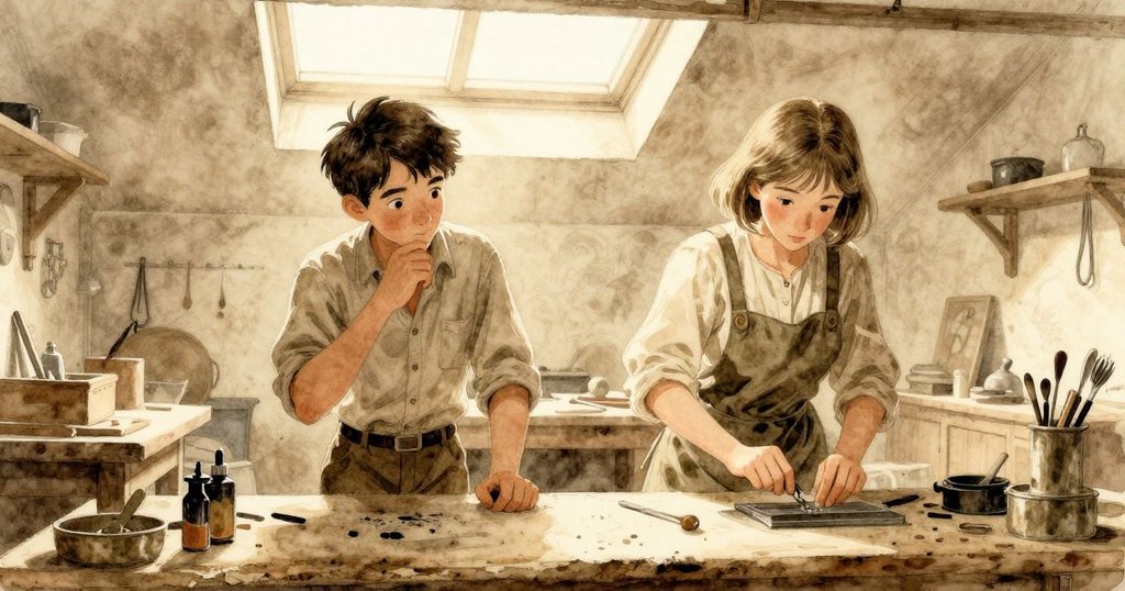 哈特站在工坊入口注視哈蒂工作，陽光從天窗灑落，兩人動作互映，充滿溫暖與專注情感