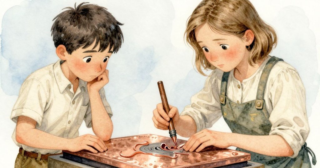 哈蒂的手攜帶刻刀細刻蠟塗銅板，蠟絲纏繞展現精細工藝，畫面細膩而充滿情感