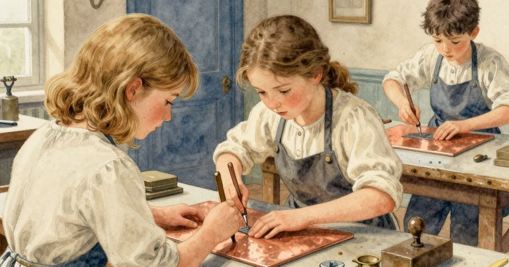 從哈蒂肩後視角看到她專注刻紋，哈特輕放版塊並融合節奏，呈現合作溫暖氛圍