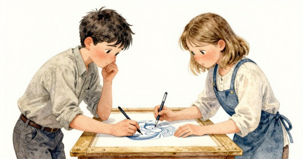 哈蒂在溫暖工坊中輕遞刻刀給哈特，背景呈現完成印刷，兩人互動流露合作與自豪情懷