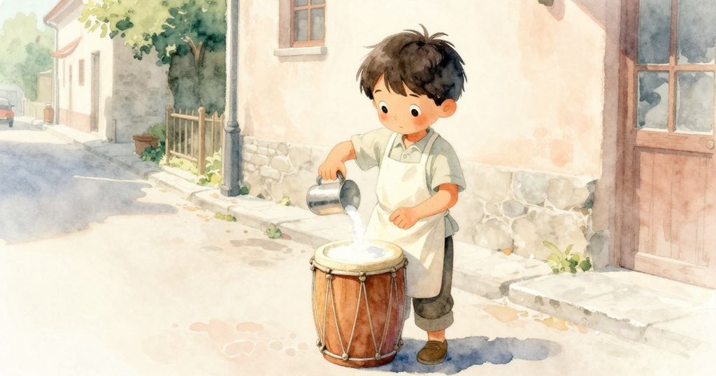 雷米在傍晚街頭倒糖於棉花糖機，角度歪斜顯得俏皮，神情專注充滿期待