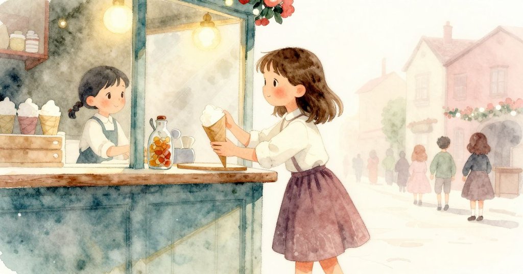 從低角度視角看見格蕾塔在櫃檯後準備紙錐，神情專注溫柔，背景傳遞節慶氛圍