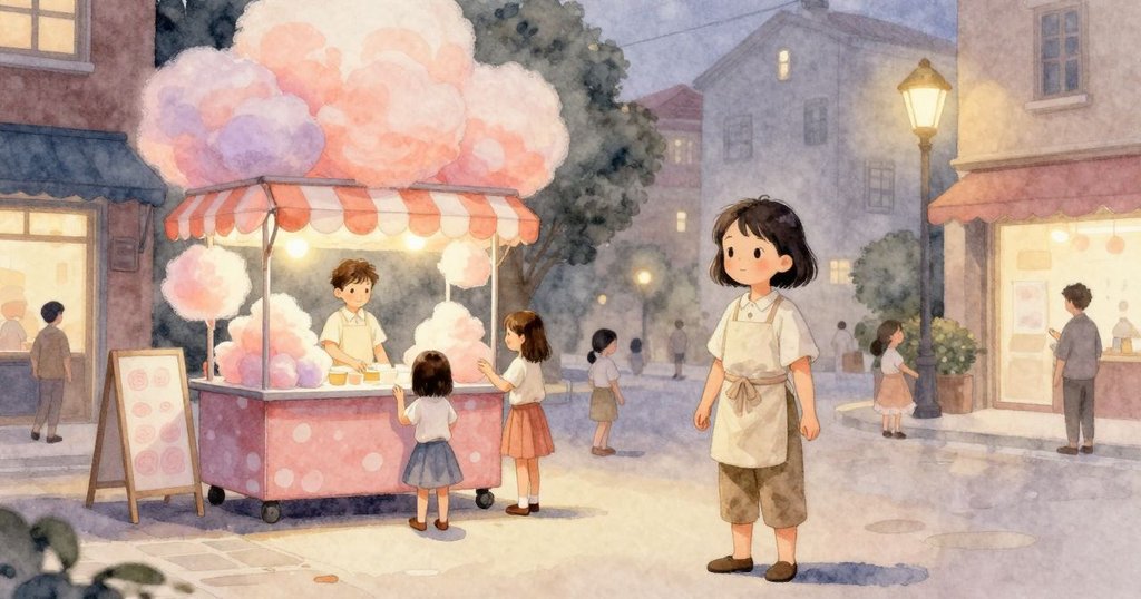 全景鏡頭展現攤位全貌與城市夜景，雷米與格蕾塔忙碌互動，場景彰顯個人行動在大景中的渺小卻重要