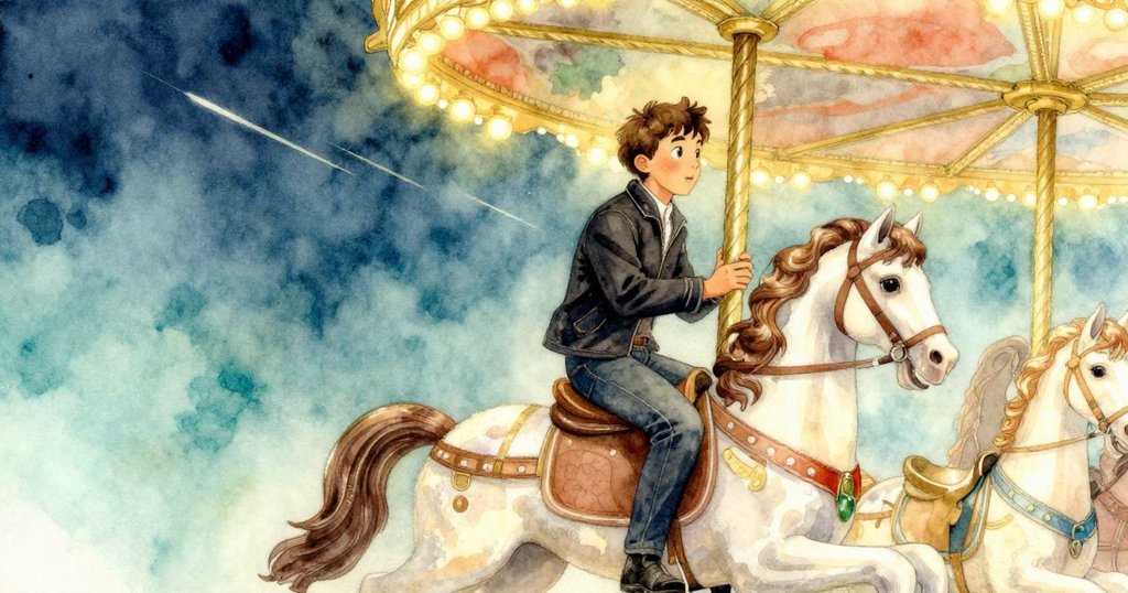 芬在旋轉木馬上騎著彩繪木馬，燈光柔和映出隱秘機械運作，神情充滿好奇與活力