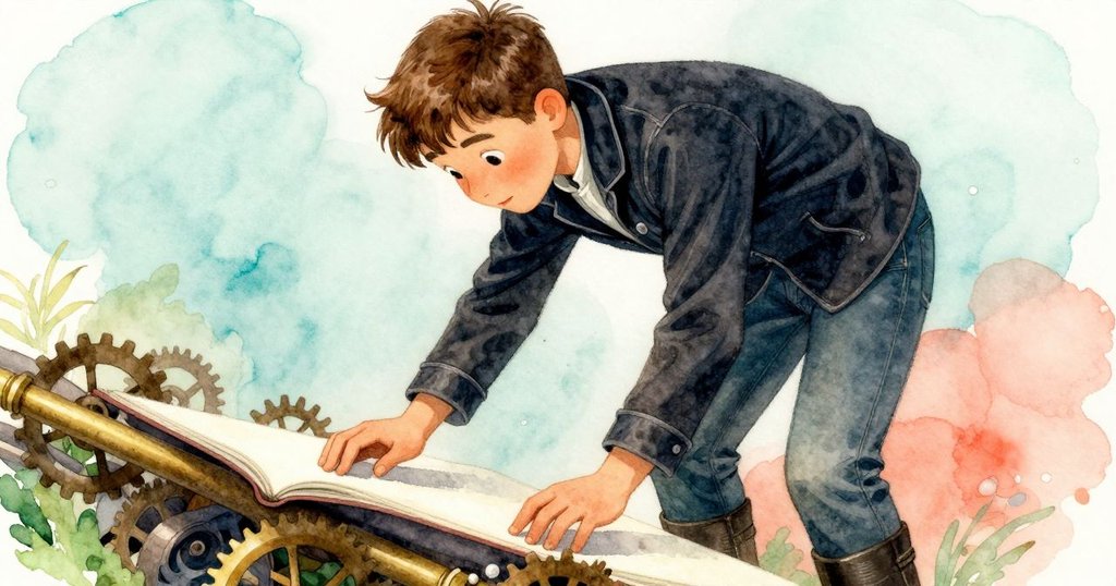 芬蹲在維修面板旁細看銅質網格與老化齒輪，油滴低垂，背景充滿歷史感與神秘氛圍