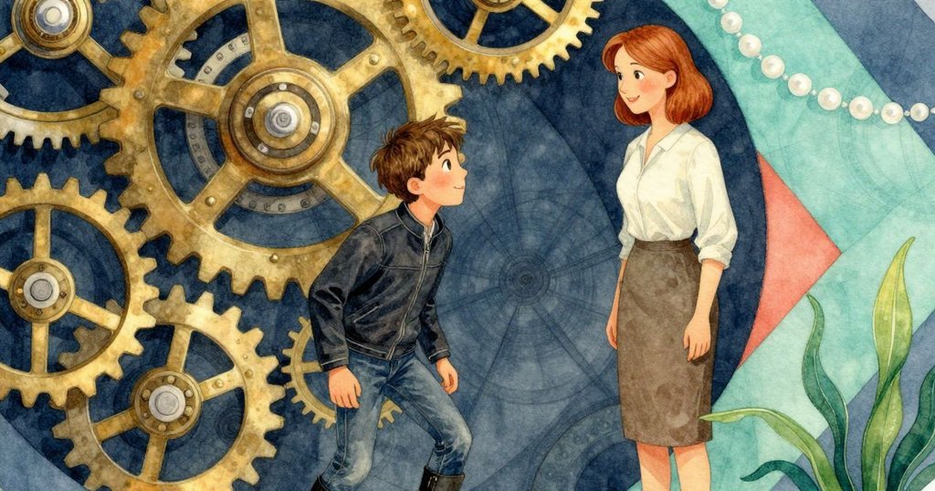 特寫古銅齒輪交錯運轉，齒輪不均造就超現實幾何圖案，油滴靜靜流動，細節豐富而神秘