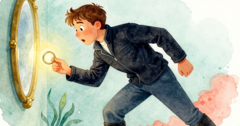 芬在旋轉中突然停下，驚訝神情映襯著閃亮銅環與反光鏡，燈光點綴定格瞬間，細膩生動