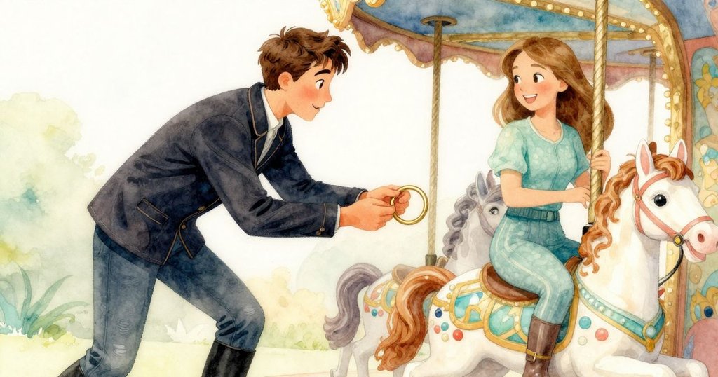 芬將銅環溫柔遞給旁邊微笑女子，兩人神情流露理解與秘密，旋轉木馬燈光柔和營造出溫馨氛圍