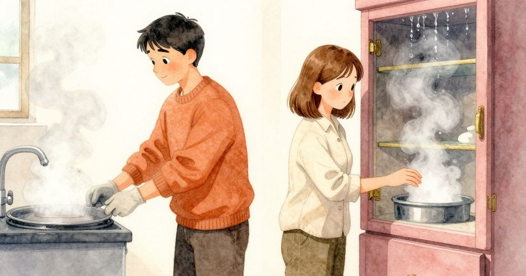 工作室內部的時間流逝，燒制櫃冒出輕柔蒸氣，黃銅鉸鏈上凝結微珠，室內暖色光線環繞