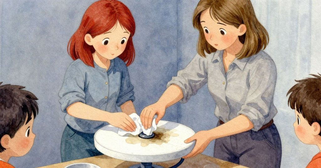 溫諾娜專注地清理轉盤，用棉墊和砂布輕拭露出木紋中隱藏的深色痕跡，冷空氣輕拂手腕