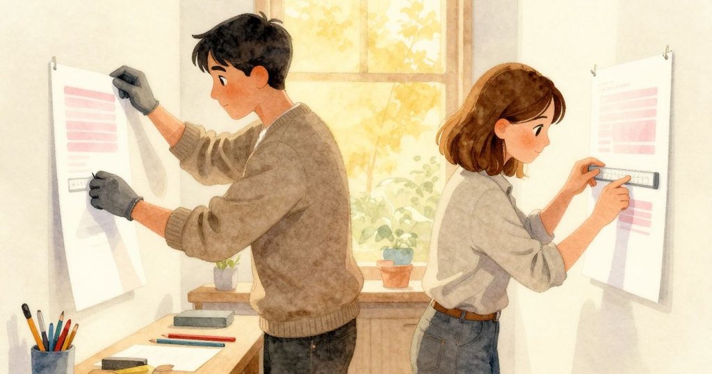 保羅和溫諾娜在工作室內結束一天的工作，保羅整齊擺放宣傳單，溫諾娜最後調整濕度計，臉上滿是溫暖滿足