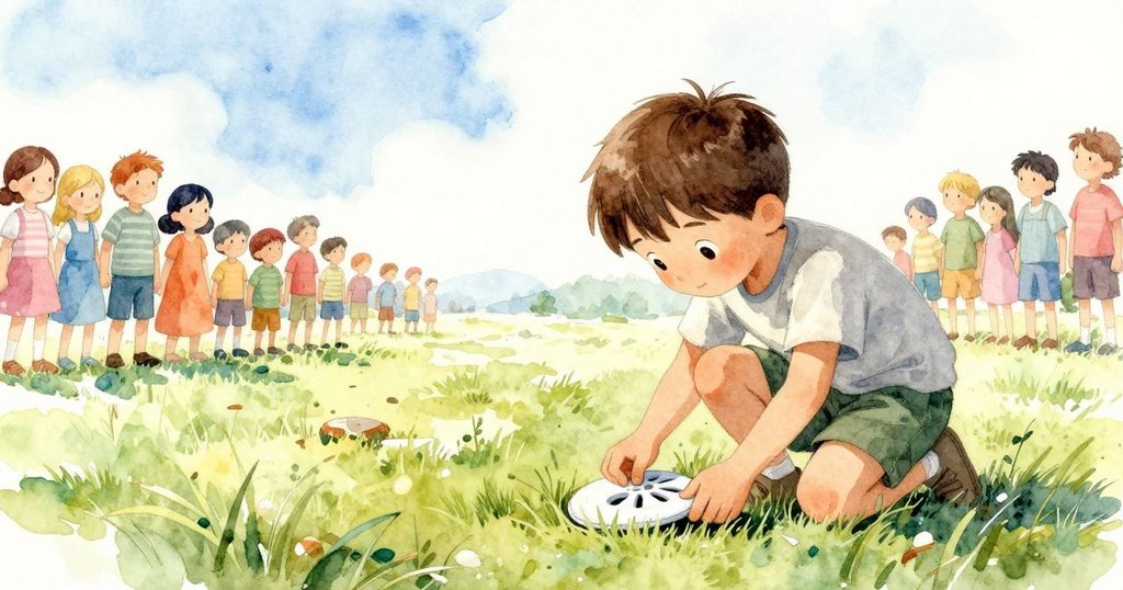 梅里特在寬廣草地上仔細檢查飛盤,背景有孩童與人群,場景光線明亮,動作自然