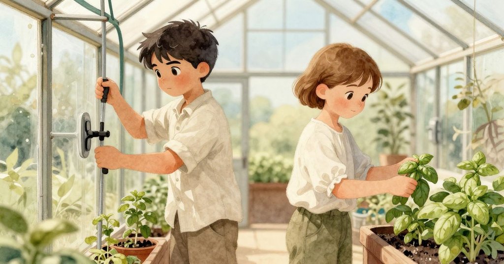 Ulric專注轉動通風把手，Estelle在遠處細心修剪羅勒，兩人分工合作，展現溫馨探索的情景。