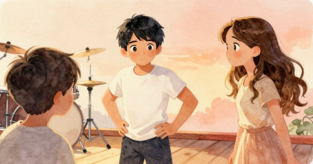 從澤夫肩後視角看蕾娜在鼓上演奏,溫暖陽光中展現專注神情與輕盈平衡