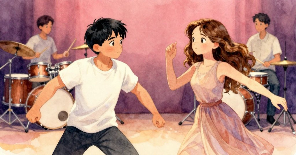 蕾娜指向小型太鼓時,澤夫迅速移動調整姿勢,舞台橫梁清晰呈現,光線溫暖動態明顯