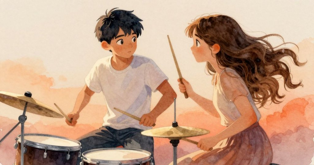 澤夫因鼓面反彈迅速調整擊打姿勢,蕾娜注視間散發關懷,舞台微動與光影呼應高潮瞬間