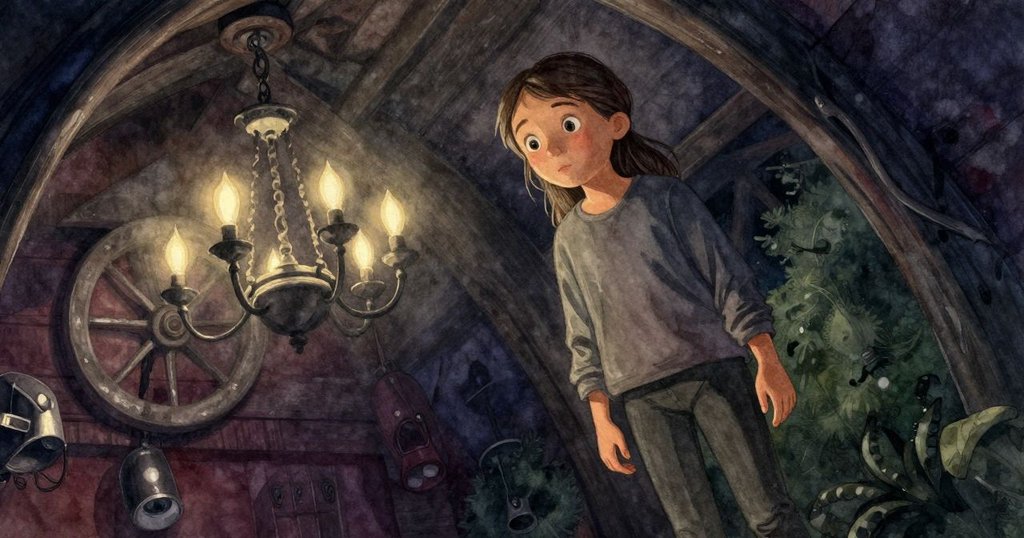 克拉拉在昏暗酒窖轉身驚訝凝望閃光車輪和擺動吊燈，畫面傾斜營造出神秘而初現的氣氛