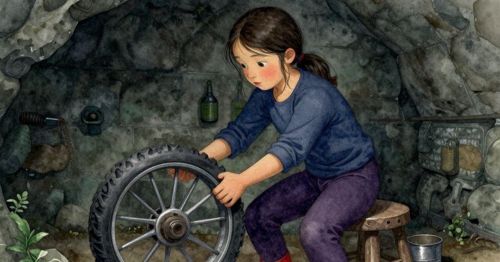 克拉拉堅定操作閃亮車輪並翻轉它，小錫杯靜待旁邊石凳上，畫面中展現了活躍的腳步與細膩觸感