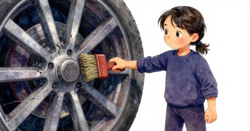 克拉拉專注地以毛刷沾鹽水輕敲車輪，細節中展現出裂痕與動態變化，畫面感扭曲充滿未知緊張