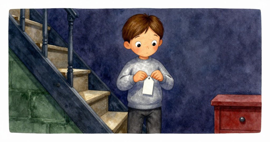 埃米爾在樓梯旁仔細整理標籤，背景呈現新舊交替的室內空間，情緒平和中隱含著微妙變化