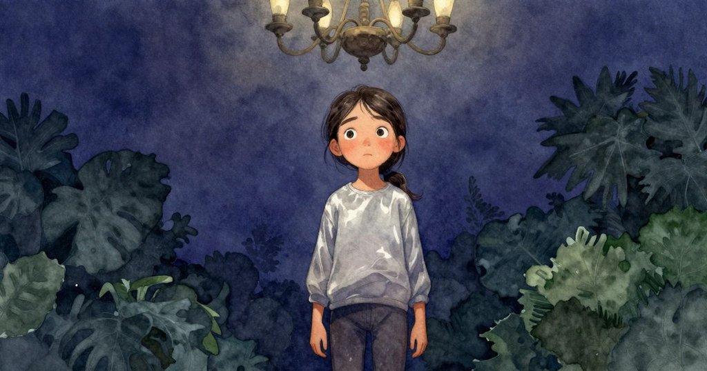 克拉拉神情凝重地仰望懸掛吊燈，臉上流露出擔憂與好奇，畫面緊張氣氛逐漸加深