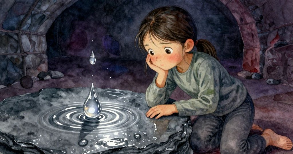 克拉拉靜坐於石凳旁，目光凝視滴落在石板上形成的環狀水滴，畫面細膩呈現懸而未解的神秘情懷