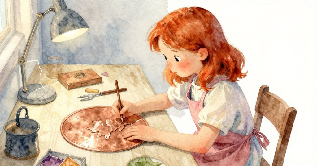 Lenora從高處俯視銅板細察缺失的葉痕，背景中Ulysses輕手調整壓布，透露出專注與憂慮