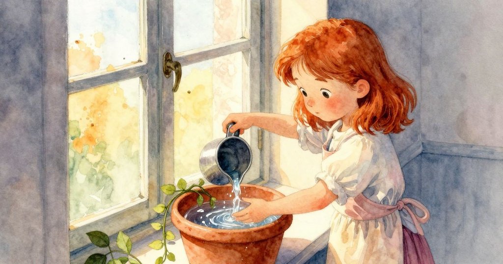 Lenora站在窗邊觀察藤蔓，手持灌水壺輕澆水，透過裂痕陶罐呈現溫暖寧靜的場景