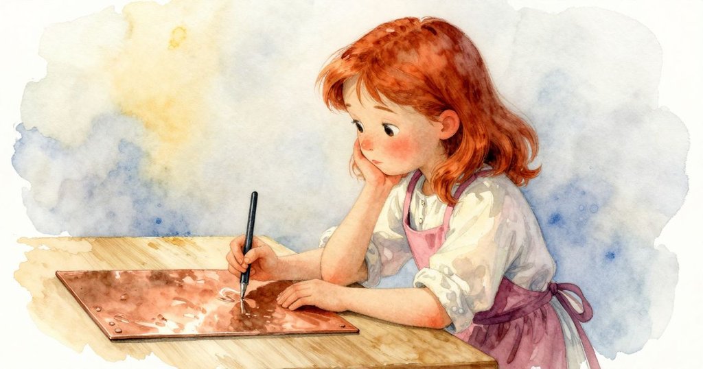 Lenora站在工作檯前，手握刻刀卻停在空中，蠟帶散落四周，臉上寫滿掙扎與沉思