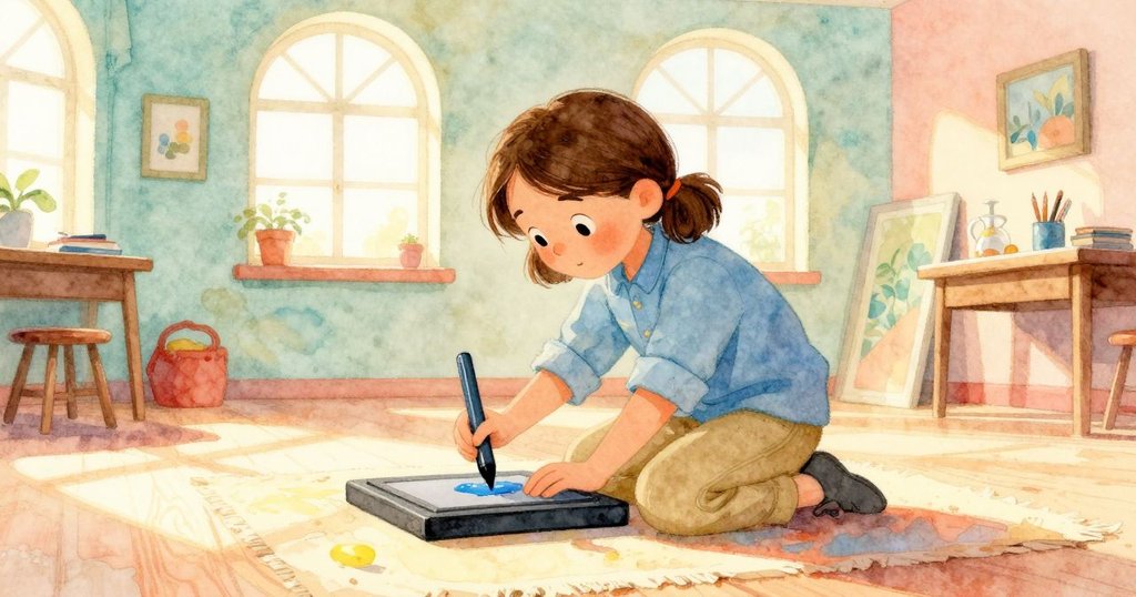 萊恩在明亮工作室中用刻刀刻蠟板，背後有高拱門和窗戶，神情專注，展現創作開始的氛圍