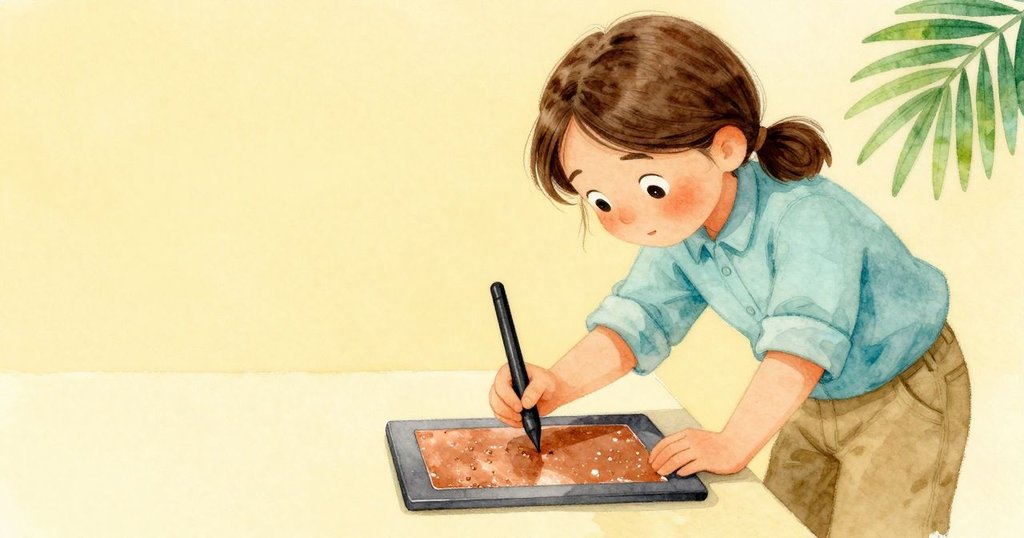 萊恩的手握刻刀停在蠟板上，中間空白區域明顯，四周呈現細膩銅光，呈現創作停頓的瞬間