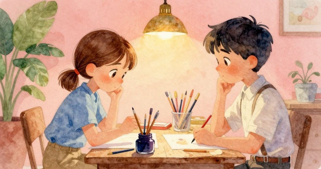 萊恩和格瑞姆在工作室中互動，格瑞姆放置墨水瓶，萊恩專注觀察手勢，背景有藝術工具和工作臺