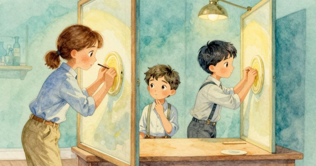 格瑞姆攜帶蠟板至玻璃屏，萊恩從狹縫旁注視酸洗過程，工作室中隱約可見老式印刷機和燈光