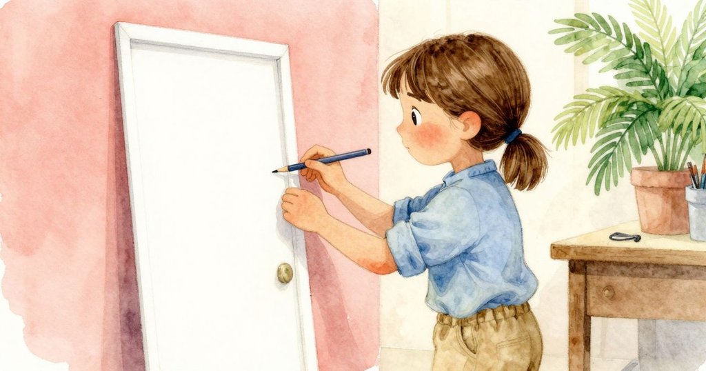 萊恩細心檢視濕印紙，紙上展示擁擠屋頂與空白門口，她的手輕觸圖案，神情驚喜與沉思並存