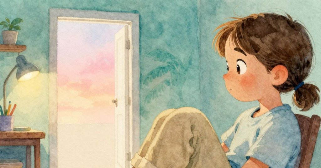 萊恩在寧靜的工作室中安坐，注視著印有空白門口的印紙，柔和燈光下流露出沉思與安詳的情緒