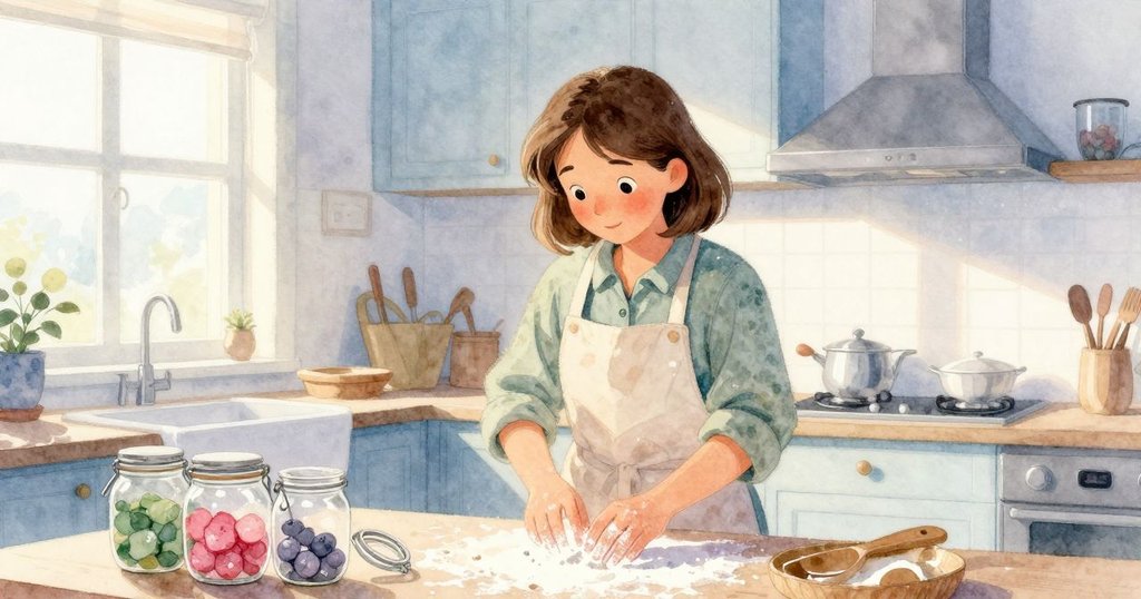 Dina在溫暖晨光照耀下的廚房中,站於櫃台前注視著鬆開的瓶蓋,展現專注神情,開啟烘焙旅程。