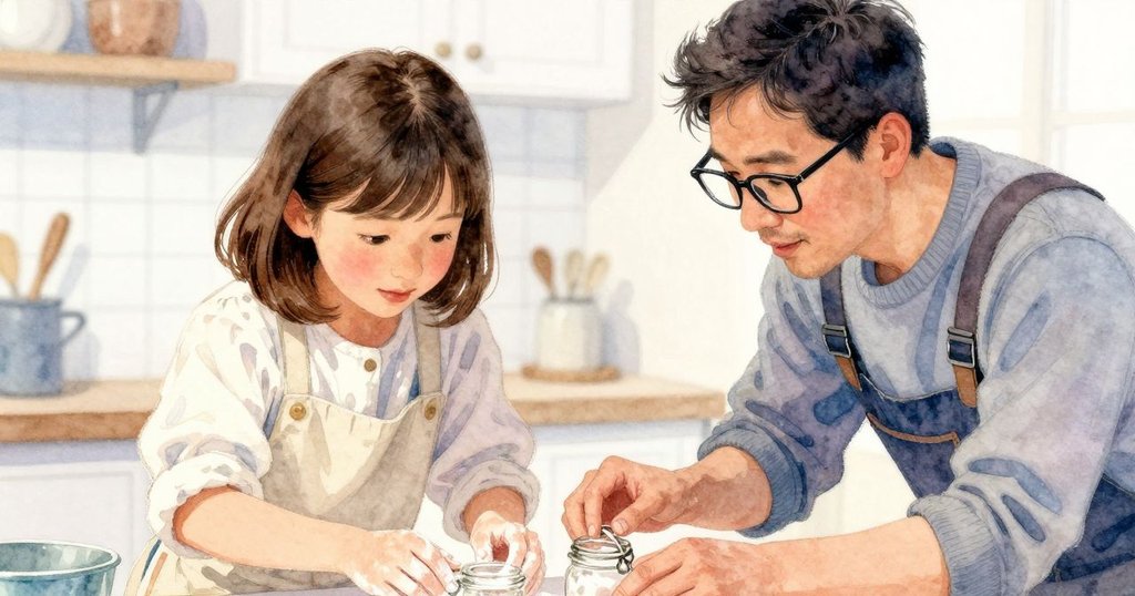 Dina的手在溫暖燈光下輕觸鬆動的瓶蓋,細膩展現手部動作與廚房背景細節,象徵轉變。