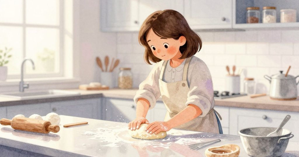 在光澤櫃檯上,Dina捏弄麵糰的身影與真實動作交融,展現專注與溫暖廚房氛圍。