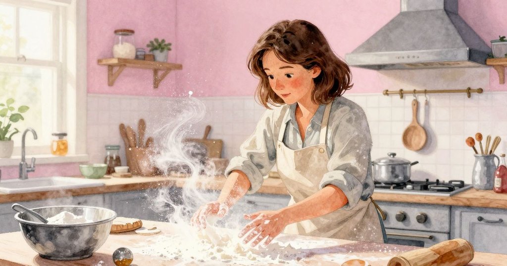 廚房內麵粉在蜂蜜光線中舞動,營造出奇幻幾何效果,Dina靜觀這不尋常的美麗變化。