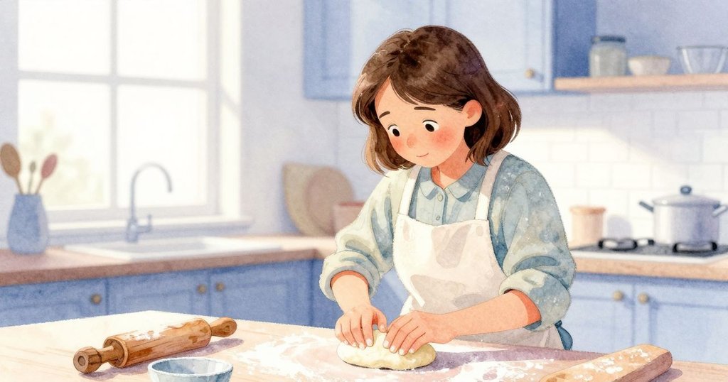Dina專心調整麵糰邊緣,思索如何保持柔軟質地,廚房中麵粉飛散,展現溫馨與決心。