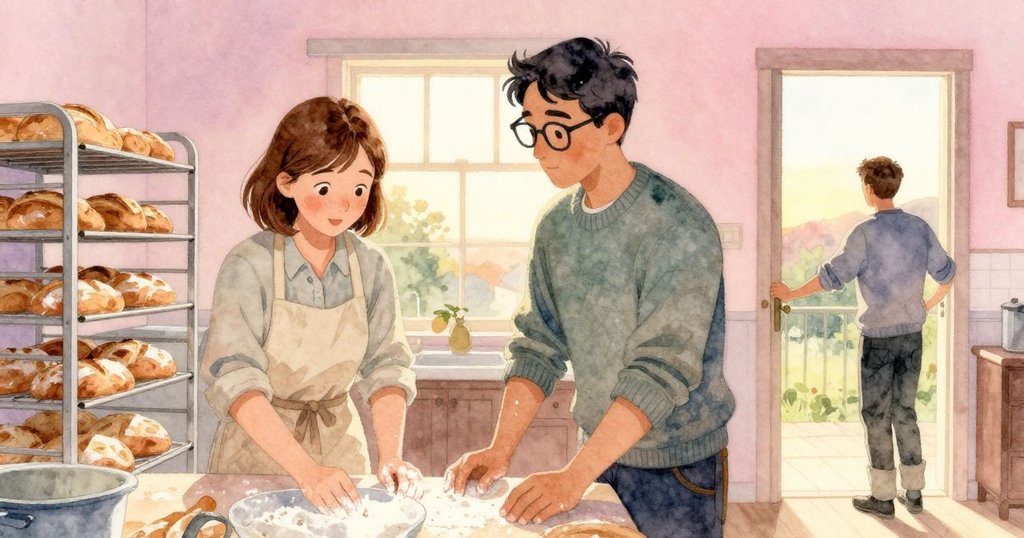 在黃昏溫暖光芒中,Dina戴著烤箱手套小心將麵包放上架,Rafferty靜立門旁欣賞成果,溫馨落幕。